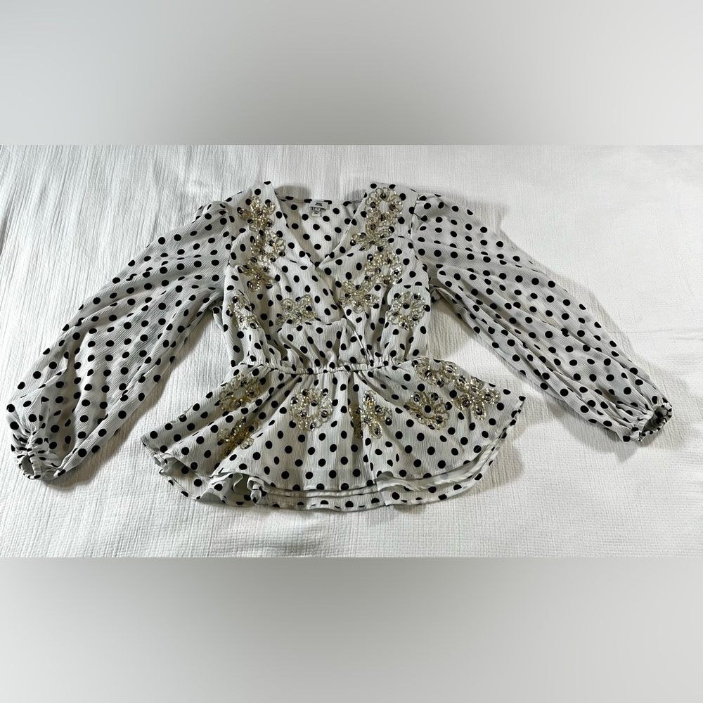 River Island Black & White Polka Dot Peplum Long Sleeve Top US 10